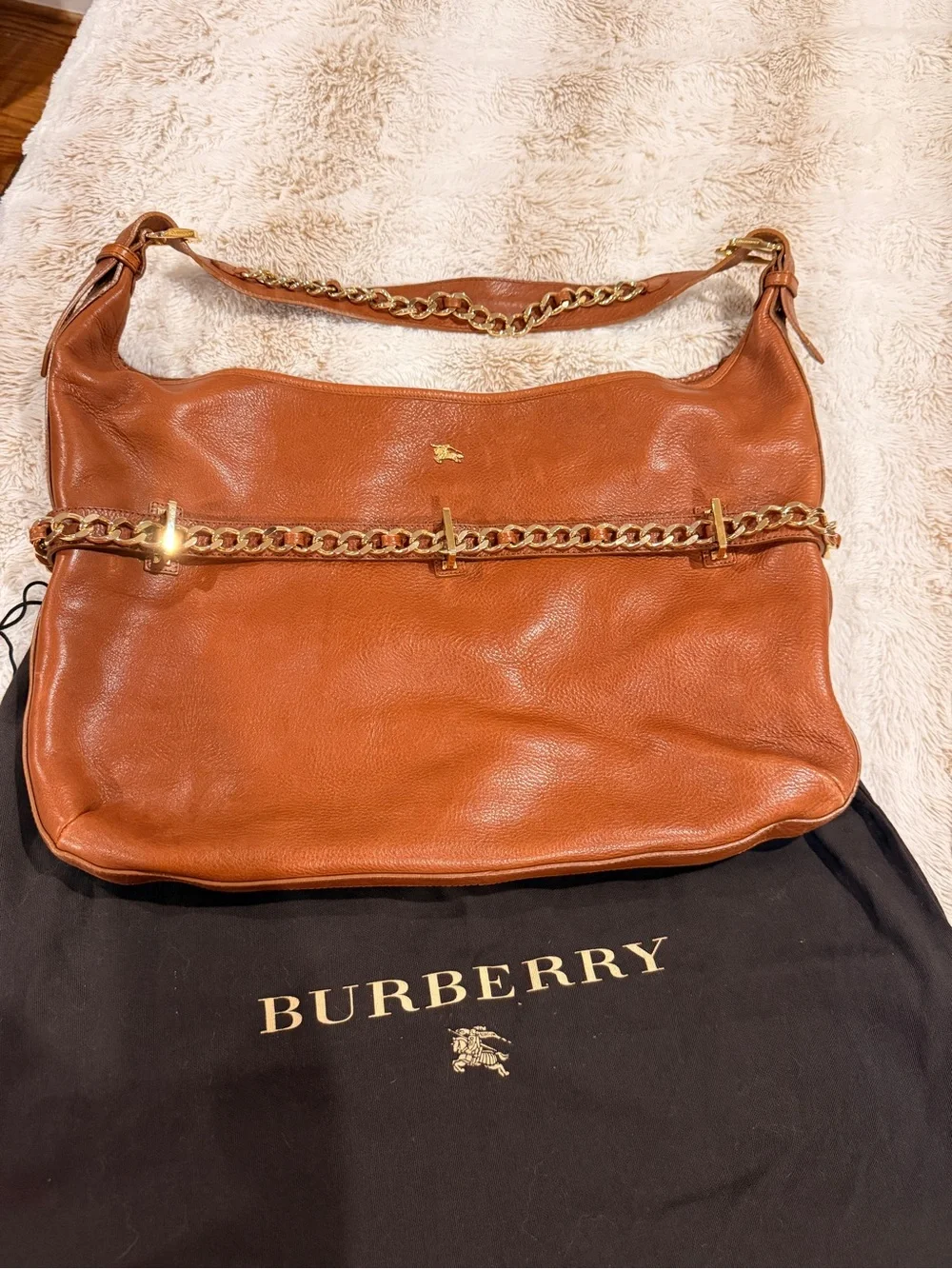 Burberry Tan Leather Chain-Accent Shoulder Hobo